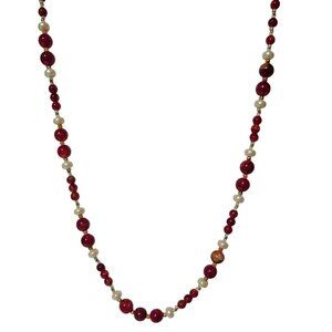 Vintage Elegant Red White Beaded Necklace Screw Clasp Holiday Party Jewelry